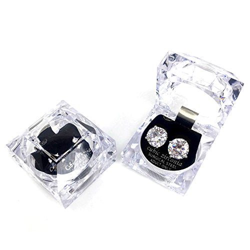 Stainless Steel Round Cut Cubic Zirconia Stud Earrings With Clear Case - Gold, Silver (3mm~12mm) - color: 12mm-Silver