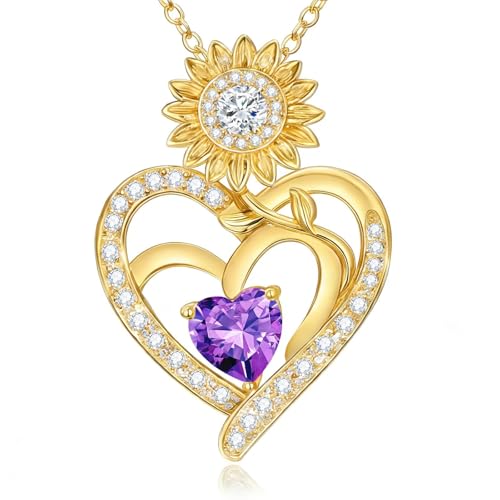 Midari Sunflower Necklace 18k Gold Plated Heart with Brithstone You Are My Sunshine Necklace Anniversary Birthday Sunflower Jewelry Gift for Women Wife Mom - color: 02-February