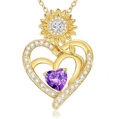 Midari Sunflower Necklace 18k Gold Plated Heart with Brithstone You Are My Sunshine Necklace Anniversary Birthday Sunflower Jewelry Gift for Women Wife Mom - color: 02-February