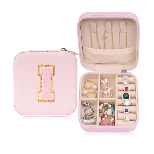 ETHOON Jewelry Travel Case Small Organizer Stocking Box Personalized Gifts Teenage Jewelry Accessories Holiday Wedding Christmas Gift for Women Pink, Letter I - color: Pink I