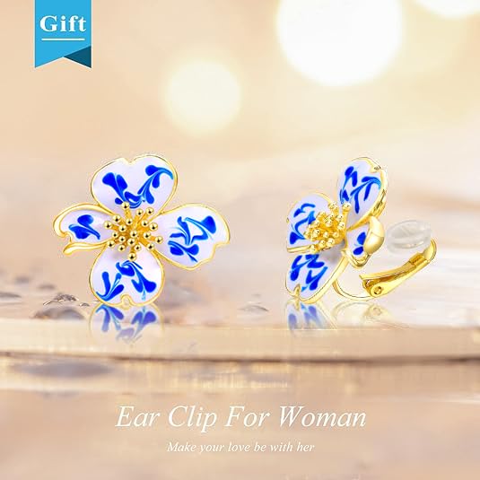 Clip on Earrings Women, 14K Gold Plated Earrings for Sensitive Ears, Fashion Women's Earrings Jewelry Birthday Gift for Wife Grandma Daughter Girls on Christmas Thanksgiving - color: Cherry Blossom Blue Marble