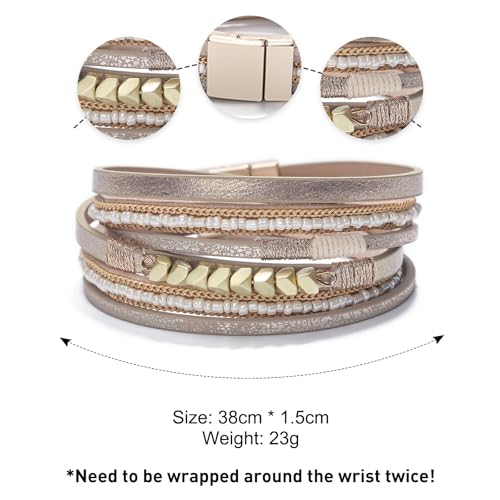 Fesciory Leather Wrap Bracelets for Women, Boho Western Layered Jewelry | Layered leather cuff bracelets, Easy on and off, Boho western style, Daily wear, Gift for women - color: Khaki 1