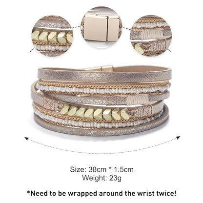 Fesciory Leather Wrap Bracelets for Women, Boho Western Layered Jewelry | Layered leather cuff bracelets, Easy on and off, Boho western style, Daily wear, Gift for women - color: Khaki 1