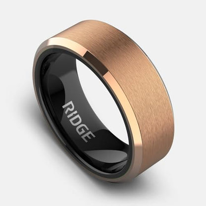The Ridge Tungsten Rings For Men - Mens Wedding Band - Strong, Durable, and Scratch-Resistant Beveled Ring With Silicone Band - color: 18K Rose Gold