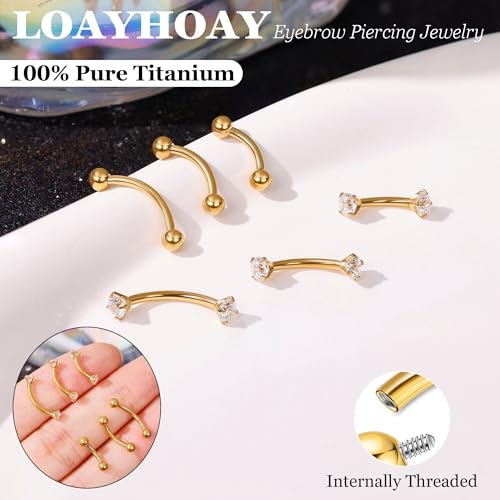 6PCS 16G G23 Titanium Eyebrow Piercing Jewelry for Women Curved Barbell Tiny Eyebrow Ring Vertical Labret Belly Lip Tongue Ring Internally Threaded Rook Tragus Daith Earring 6/8/10mm - color: Gold B