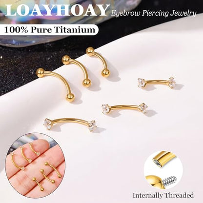 6PCS 16G G23 Titanium Eyebrow Piercing Jewelry for Women Curved Barbell Tiny Eyebrow Ring Vertical Labret Belly Lip Tongue Ring Internally Threaded Rook Tragus Daith Earring 6/8/10mm - color: Gold B