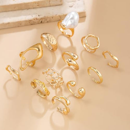 Gold Rings for Women Non Tarnish Boho Stackable Adjustable Open Rings Set Finger Knuckle Stacking Ring Packs Jewelry Gift - color: Gold Pearl Rings 12Pcs