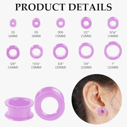 20Pcs Silicone Ear Gauges 2G-25mm Flexible Ear Tunnels Gauges Soft Expander Stretching Ear Plugs Tunnels Black Earring Piercings Jewelry for Men Women - color: Thick Purple Silicone