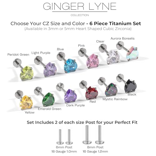 Titanium Heart CZ Labret Stud Earrings for Piercings by Ginger Lyne 6Pc Set G23 Screw Front Flat Back Body Jewelry 2 pair post 6mm, 8mm Cartilage, Helix, Tragus, Lip, Conch, Lobe - color: 3mm-DKPurple