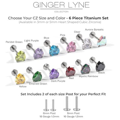 Titanium Heart CZ Labret Stud Earrings for Piercings by Ginger Lyne 6Pc Set G23 Screw Front Flat Back Body Jewelry 2 pair post 6mm, 8mm Cartilage, Helix, Tragus, Lip, Conch, Lobe - color: 3mm-DKPurple