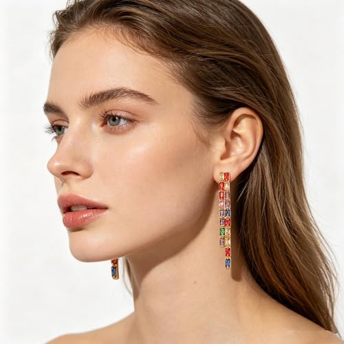 Rhinestone Earrings Dangling for Women Sparkly Silver Dangle Earrings Girls Long Chandelier Earrings Tassel Lightweight Ear Studs Cubic Zirconia (KE001S-W) - color: CZ01 Multicolor