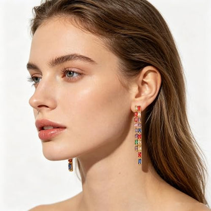 Rhinestone Earrings Dangling for Women Sparkly Silver Dangle Earrings Girls Long Chandelier Earrings Tassel Lightweight Ear Studs Cubic Zirconia (KE001S-W) - color: CZ01 Multicolor