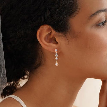 Plenky Pearl Earrings-14K Gold Plated Dainty Pearl Drop Simple Wedding CZ Dangle Dangling Cute Stud Earrings for Brides Earrings for Women Gifts - style: 3 Leaf Pearl Earrings