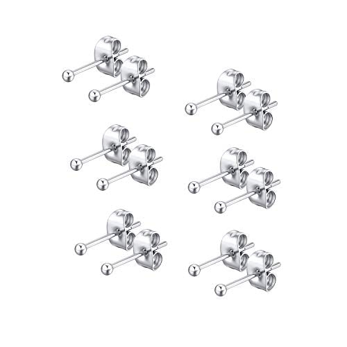 FOSIR 6 Pair Tiny Women 14K Gold Plated Ball Stud Earrings Surgical Stainless Steel Earrings Set, 2-6MM - style: silver-6pair,2mm