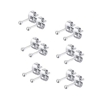 FOSIR 6 Pair Tiny Women 14K Gold Plated Ball Stud Earrings Surgical Stainless Steel Earrings Set, 2-6MM - style: silver-6pair,2mm