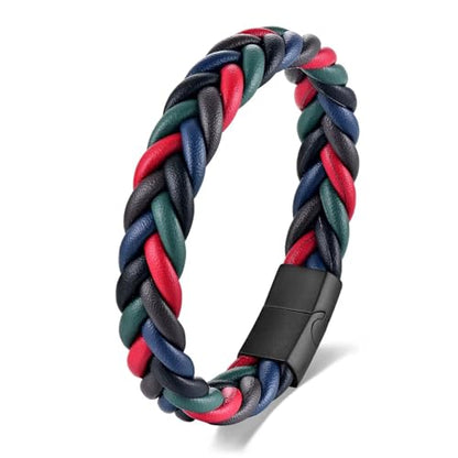 Handmade Braided Leather Bracelet, Black Stainless Steel Clasp, Mens, Cool Classic Stylish - color: Colorful