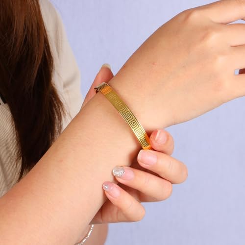 4/6/8MM Greek Key Meander Bracelet Oval Stainless Steel Bangle Cuff Gifts for Women Men - color: Gold, size: 8mm