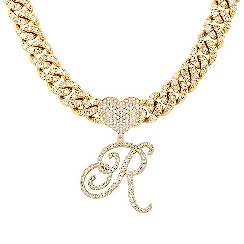 Initial Necklaces Silver Cuban Link Chain for Women Iced Out Chain with Heart Letter Pendants Custom Chain Name Necklace Hip Hop Jewelry Gift - color: R Gold