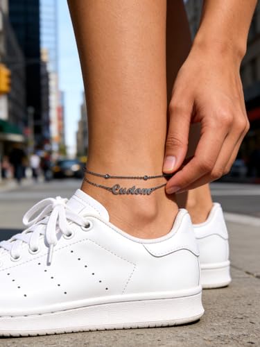 Custom4U Custom Name Anklet Bracelets for Women Waterproof Beaded/Figaro/Cuban/Rope/Wheat Chain Anklet Stackable Gold Plated Non Tarnish Custom Beach Gift Barefoot Summer Jewelry for Her - color: A03-Black Beaded Chain