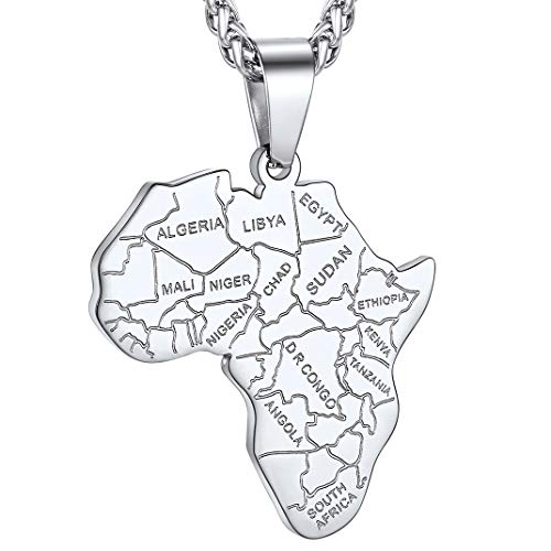 GOLDCHIC JEWELRY Africa Map Necklace for Men, Stainless Steel African Tribal/Egyptian Eye of Horus/I LOVE AFRICA/Elephant Map Hiphop Jewelry Unisex with 22'+2'Adjustable Chain - color: Africa Map - Stainless Steel, style: No Customization
