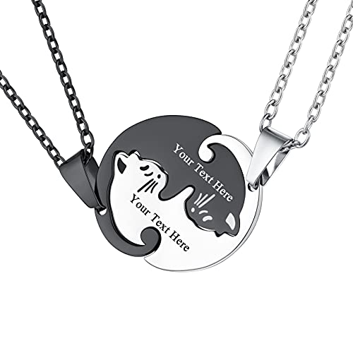 U7 Cat Pendant Necklace for Women Stainless Steel Cute Kitty Cat Jewelry Gift - style: 02-Round Cat Set-Steel+Black(Customized)