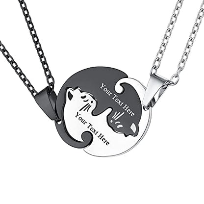 U7 Cat Pendant Necklace for Women Stainless Steel Cute Kitty Cat Jewelry Gift - style: 02-Round Cat Set-Steel+Black(Customized)