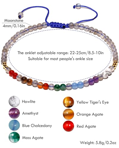 Colorful 7 Chakra Gemstones Beaded Anklet for Women Foot Jewelry | Adjustable 8.5-10 in, Ankle Bracelets for Women, Handmade, Positive Energy, Balance, Yoga, Meditation, Beach, Party, Vacation - style: Moonstone