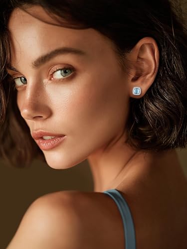 FindChic Birthstone Earrings for Women, Round/Heart/Square/Teardrop Earrings with 925 Sterling Silver Posts & Push Backs, Hypoallergenic Studs with Cubic Zirconia, 12 Months Jewelry with Gift Box - style: 03. March-Aquamarine (Square)