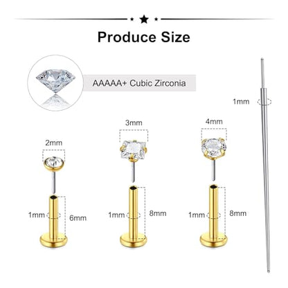 Zolure 18G/20G Flat Back Earrings Stud Threadless Nose Studs Surgical Steel Push in Earrings Tragus Cartilage Labret Helix Lip Conch Medusa Piercing Jewelry - color: 18G Gold #2