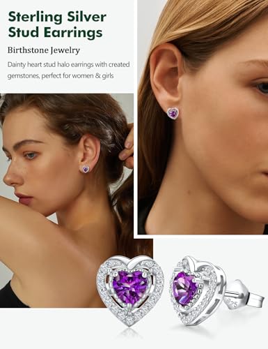 Dainty Birthstone Earrings for Women Sterling Silver Small Stud Earrings with Halo Cushion/Round Created Gemstone Earrings Birthstone Jewelry - style: C 02. Feb./created amethyst-heart shaped