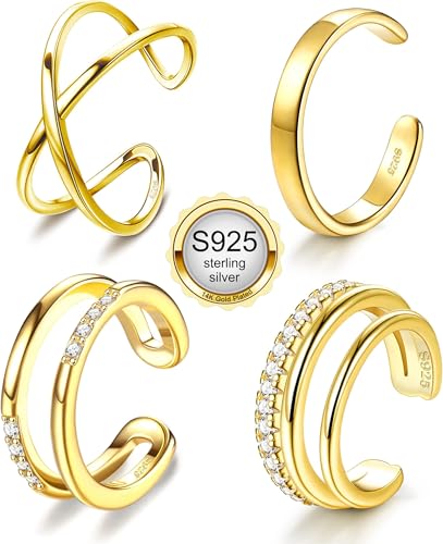 JeryWe 4 Pcs 925 Sterling Silver Ear Cuff for Women Non Piercing Adjustable Ear Cuff Earrings Clip On Cartilage Helix Wrap Ear Jewelry Set - color: 14K Gold Plated