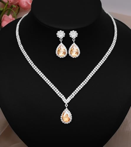 Elegant Silver Crystal Wedding Necklace Earrings Bracelet Jewelry Set for Women Brides Bridesmaids Prom Party Costume Accessory Bridal Jewelry - color: silver-champagne