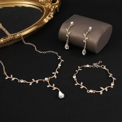 Hapibuy Crystal Bridal Wedding Jewelry Necklace Earrings Bracelet Set Rhinestone Choker Necklace For Brides Bridesmaid Women Party Acessory - color: Gold