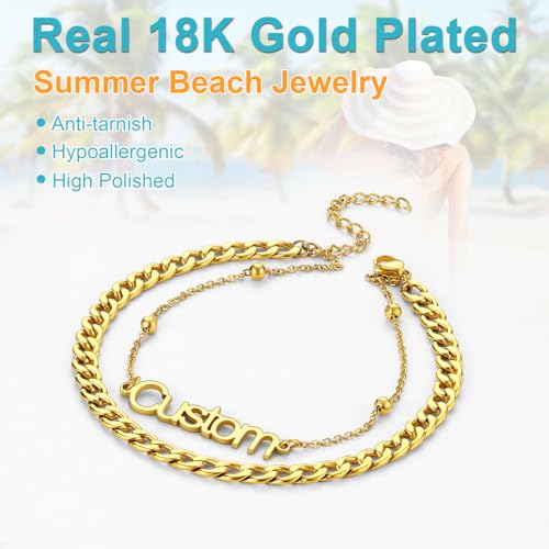 U7 Custom Layered Ankle Bracelets for Women Stainless Steel Bead/Cuban/Figaro/Rope/Wheat Chain Anklet Waterproof Anklet Jewelry for Beach Vacation - color: a-Gold Plated-Cuban Chain
