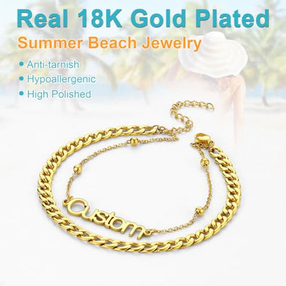 U7 Custom Layered Ankle Bracelets for Women Stainless Steel Bead/Cuban/Figaro/Rope/Wheat Chain Anklet Waterproof Anklet Jewelry for Beach Vacation - color: a-Gold Plated-Cuban Chain