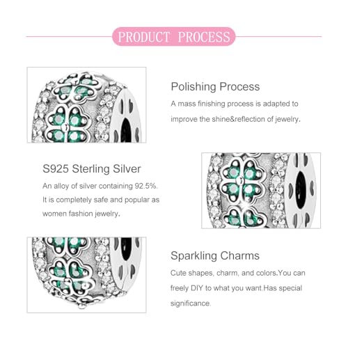 925 Sterling Silver Openable Clip Spacer Bead Fits Pandora Bracelet | Hypoallergenic Clip Stopper Charm, Star Clover Butterfly Floral Mom Heart Paved Zircon Gift for DIY Charm Bracelet Jewelry - color: Four Leaf Clover