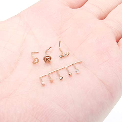 SCERRING 20G 8PCS Stainless Steel Flower Rose Heart L-Shaped Nose Stud Rings Piercing Jewelry Clear Cubic Zirconia - color: 8PCS - Rose Gold