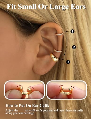 4Pairs 14K Gold Plated Ear Cuff Earrings for Women Non Piercing Jewelry | Hypoallergenic Earring Cuff for Sensitive Ears 14K Gold Silver Plated Non Tarnish Clip On Cartilage Fake Earring Set Trendy - color: 14K Gold Plated