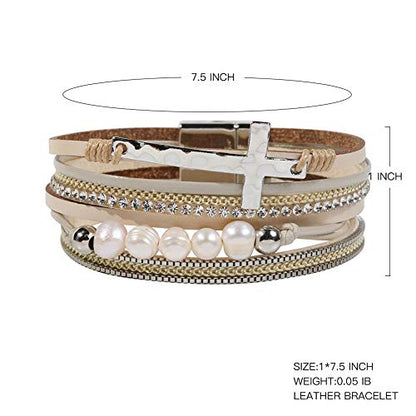 Vercret Leather Wrap Bracelet for Women, Multi-Layer Cuff Bangle | Boho Stacked Bracelets with Safe Clasp Western Bangle Jewelry Gift for Lady and Mom Sister Friend - style: Pearl Cross Beige