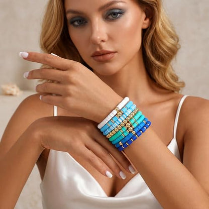 GOOJIDS Surfer Heishi Clay Bead Bracelets for Women Bohemian Stackable Gold Plated Beaded Stretch Bracelets Elastic Layering Friendship Bracelets Set Boho Jewelry - color: B-Blue New Set