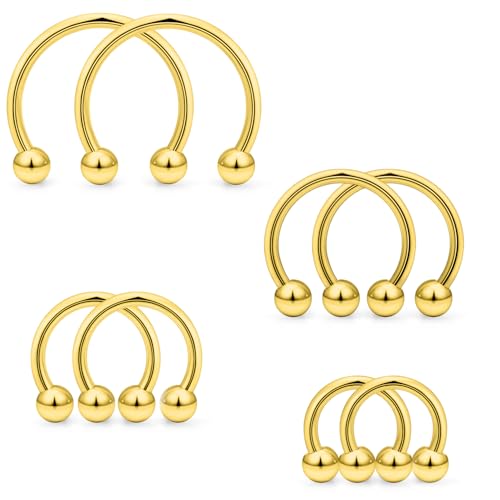 16PCS 16G Multiple Different Sizes Horseshoe Barbell Surgical Steel Nose Septum Rings Hoop Daith Earring Eyebrow Helix Vertical Lip Piercing Jewelry for Women Men - color: 8pcs,16g,goldtone
