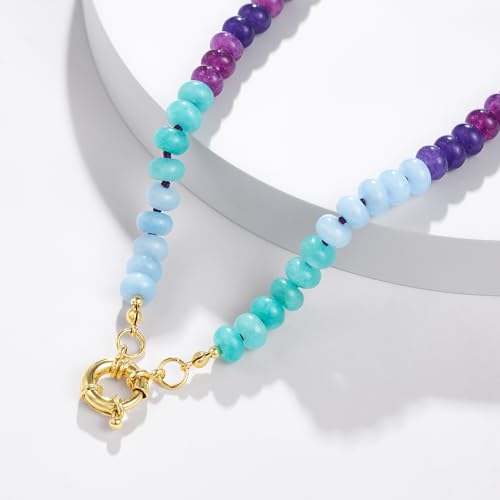 KissYan Beaded Gemstone Necklaces for Women | Colorful Bead Natural Stone Choker with 14K Gold Plated Spring Ring Clasp, Handmade Knot Jewelry for Summer Beach - color: U-Purple & Green