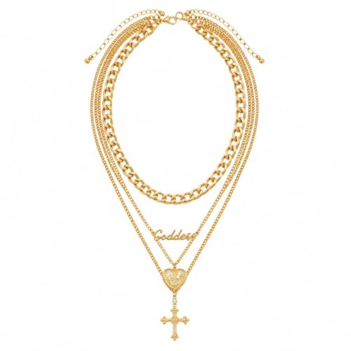 Gold-Tone Layered Necklace Set for Women Chunky Stack Big Coin Heart & Geometric Pendant Paperclip Cuban Chain Non Tarnish Fashion Elegant Layering Statement Jewelry Piece for Her