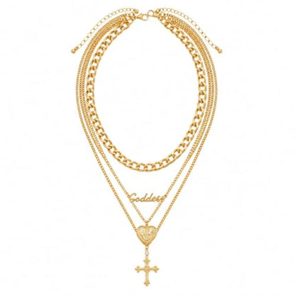 Gold-Tone Layered Necklace Set for Women Chunky Stack Big Coin Heart & Geometric Pendant Paperclip Cuban Chain Non Tarnish Fashion Elegant Layering Statement Jewelry Piece for Her