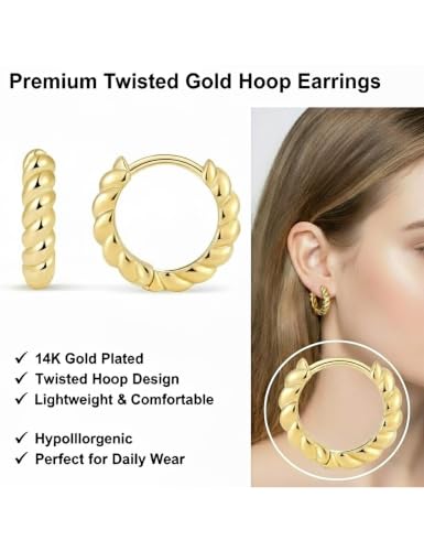 Fiusem 14K Gold Plated Huggie Hoop Earrings for Women | 8/10/12 Hypoallergenic Small Twisted beaded Huggie Earrings - color: Gold Twisted, size: 12MM