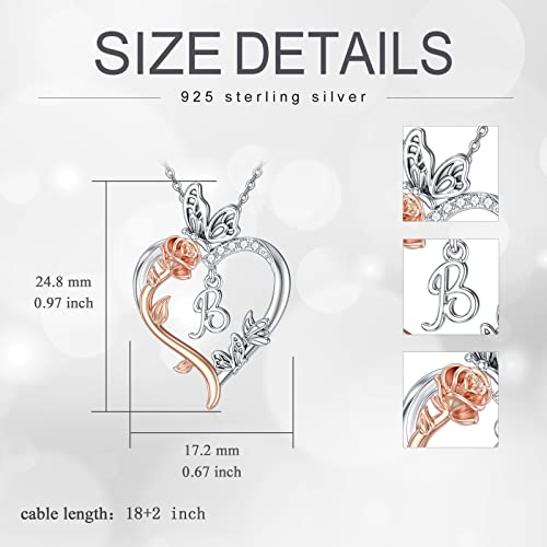 TOUPOP Gifts for Women Her 925 Sterling Silver Rose Heart Initial Necklace Butterfly Heart Jewelry Anniversary Birthday Gifts for Wife Girlfriend Mom - color: B Initial