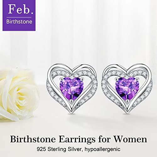 Iefil Birthstone Earrings for Women - 925 Sterling Silver Heart Stud Earrings Birthday Gifts for Women - color: 02-Feb-Created Amethyst