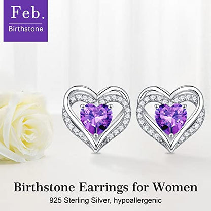 Iefil Birthstone Earrings for Women - 925 Sterling Silver Heart Stud Earrings Birthday Gifts for Women - color: 02-Feb-Created Amethyst