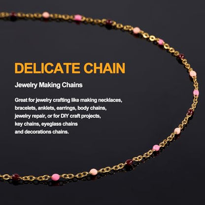 KYUNHOO 5M Stainless Steel Gold Chain for Jewelry Making Thin Cable Links | 16.4 Feet Colorful Beaded Chains with Clasps Jewelry Findings for Necklace Bracelet Crafting - color: gold-purple pink