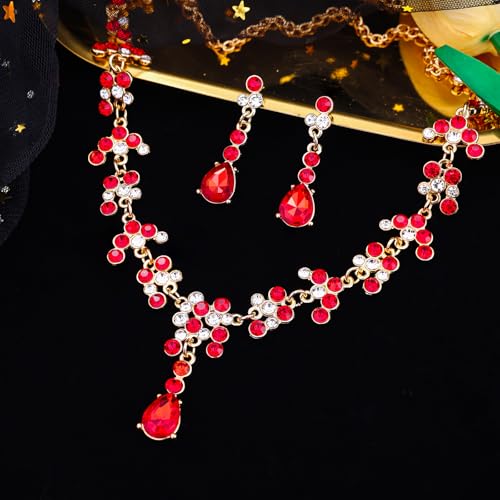 Crystal Crown and Tiara Jewelry Set for Women Bride with Necklace Earrings | Metal Rhinestone Royal Queen Princess Jewelry Set Wedding Quinceanera Pageant Prom Birthday Halloween Party Costume Gift - color: Red